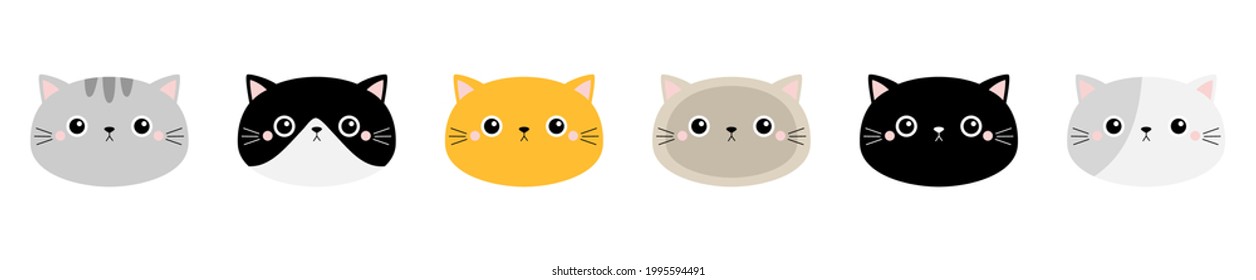 Cute cat icon set line. Different breeds. Kitten face head silhouette. Funny kawaii cartoon baby character. Happy Valentines Day. Notebook sticker print template. Flat design. White background. Vector