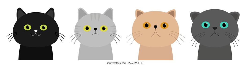 Cute cat icon set line. Kitten face head body silhouette. Different breeds. Funny kawaii cartoon baby character. Happy Valentines Day. Notebook sticker print. Flat design. White background. Vector