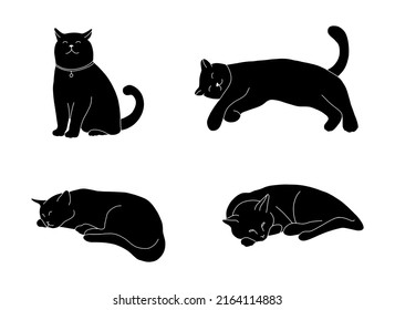 Icono de gato mate conjunto de silueta aislada en fondo blanco. Sencilla impresión negra con mascotas durmientes en diferentes poses. Esbozar ilustración de estilo de doodle para niños.