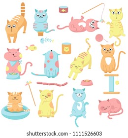 Cute cat icon set, vector hand drawn illustration. Funny kittens licking, meowing playing and eating, pet food and accessories. Greeting card, invitation, poster, sticker and print design elements.