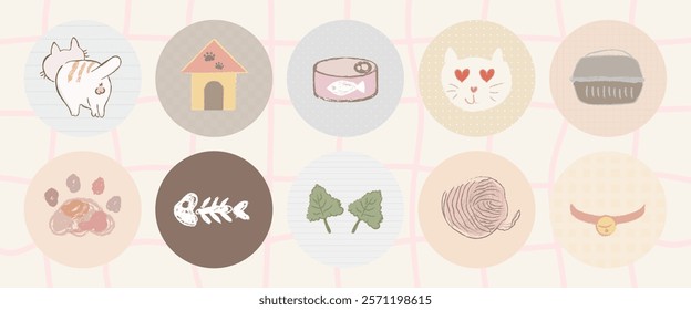 Cute cat icons featuring fish, yarn, and paw prints. Cat-themed designs include fish, yarn, and paws. Perfect for cat lovers and pet-themed projects. Cute pet illustrations vector set.