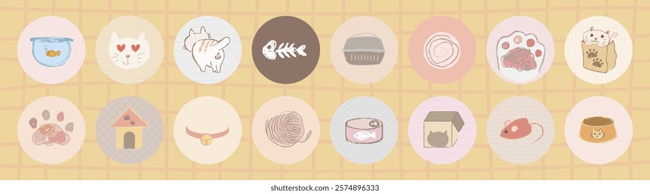 Cute cat icons featuring fish, yarn, and paws. Adorable cat-themed designs with fish, yarn, and paws. Perfect for cat lovers and pet-themed projects. Cute pet illustrations vector set.