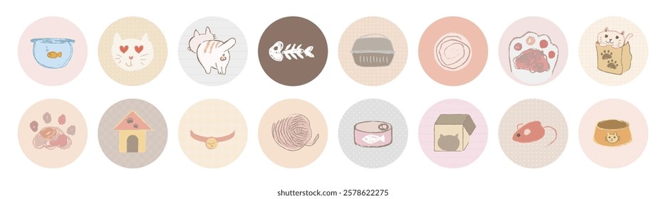 Cute cat icons featuring fish, yarn, paw prints, and food. Adorable cat designs with fish, yarn, and paw prints. Cute pet illustrations vector set.