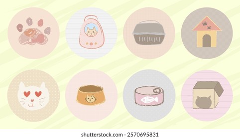 Cute cat icons featuring paws, cat faces, and pet accessories. cat houses in pastel colors. Perfect for cat lovers and pet themes.