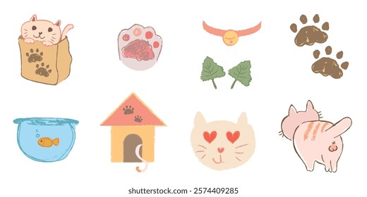 Cute cat icons featuring paws, a fishbowl, a cat house, and a playful cat. Adorable designs with paws, fishbowl, and cat house elements.