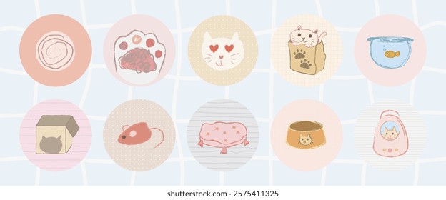 Cute cat icons featuring paws, a fishbowl, a toy mouse, and a cozy bed. Cat faces and paws add charm. Perfect for cat lovers and pet-themed designs. Cute pet illustrations vector set.