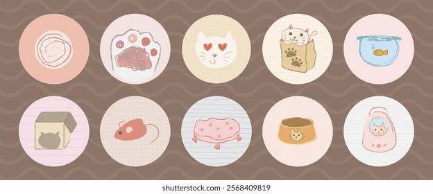 Cute cat icons featuring playful cats, cat toys, and cat accessories. Cats in boxes, and cat paws in a charming, pastel style. Cute pet illustrations vector set.