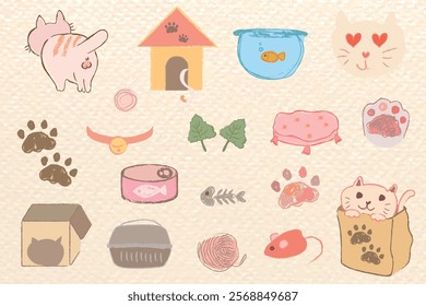 Cute cat icons featuring playful cats, paw prints, fish, and yarn. Cats in boxes, cat food, and fish bowls. Fun, colorful cat-themed designs. Cute pet illustrations vector set.