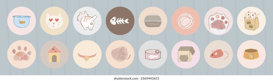 Cute cat icons featuring playful cats, cat toys, and cat food. Each icon shows different cat-themed items like toys, food, and playful cats in pastel colors. Cute pet illustrations vector set.