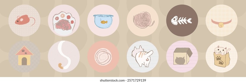 Cute cat icons featuring toys, paw prints, and yarn. Cat icons include a mouse, fishbone, and cat house. Adorable cat-themed designs in soft pastel colors. Cute pet illustrations vector set.