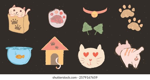 Cute cat icons with paws, fishbowl, cat house, and playful kittens. Adorable cat faces, paws, and fishbowl. Perfect for cat lovers and pet-themed designs. Cute pet illustrations vector set.