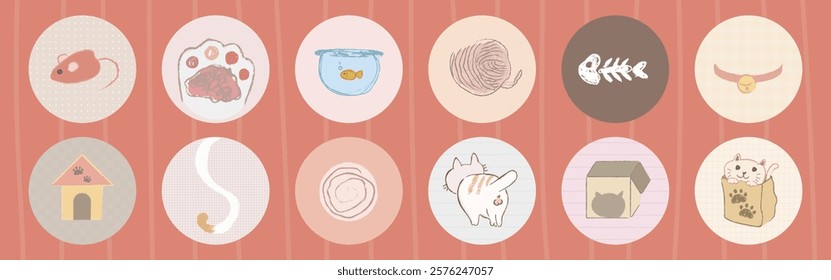 Cute cat icons with toys and accessories. Cat toys, cat accessories, and cat-themed designs in soft pastel colors. Perfect for cat lovers and pet themes. Cute pet illustrations vector set.