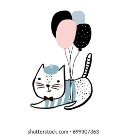 Cute cat illustration with balloons. Hand drawn with brush and ink creative kids print. Perfect for apparel, nursery decoration, cards, posters,baby shower