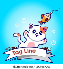 cute cat illustration catching fish 