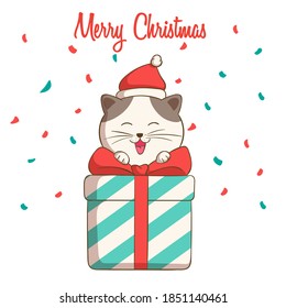 Cute cat illustration for christmas banner with colorful gift box