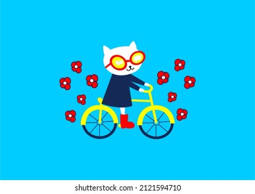 cute cat illustration cycling and flower