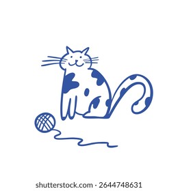 A Cute Cat Illustration featuring a Yarn Ball that captures the essence of playfulness and charm