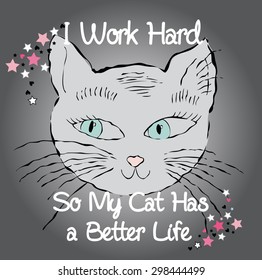 Cute cat illustration,  hand draw animal, cartoon character, cat vector, t-shirt print, kid graphic