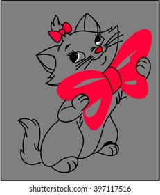 Cute cat illustration with a pink bow