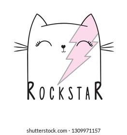 Cute cat illustration. Rockstar. Grunge star with lettering. Tee print design template.Animal print.