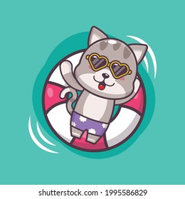 Cute cat illustration. Summer time. Cute vector design character. Vector isolated flat illustration for poster, brochure, web, mascot, sticker, logo and icon.