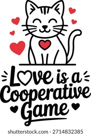 Linda ilustración de gato rodeado de corazones y un diseño de mensaje amoroso