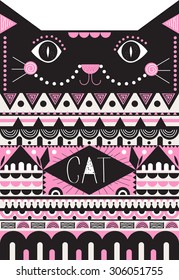 cute cat illustration, with trendy ornaments, for T-shirt, cat poster
