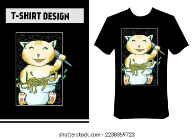 cute cat illustration for t-shirt design, vector illustration. the cat is eating ramen. suitable for printing on clothes, hoodies, apparel posters, stickers.