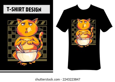 cute cat illustration for t-shirt design, vector illustration. the cat is eating ramen. suitable for printing on clothes, hoodies, apparel posters, stickers.