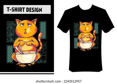 cute cat illustration for t-shirt design, vector illustration. the cat is eating ramen. suitable for printing on clothes, hoodies, apparel posters, stickers.