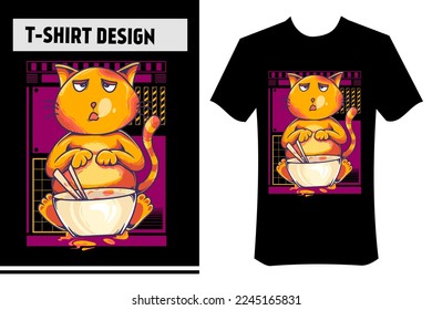 cute cat illustration for t-shirt design, vector illustration. the cat is eating ramen. suitable for printing on clothes, hoodies, apparel posters, stickers.