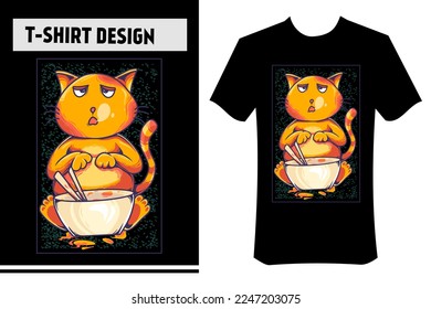 cute cat illustration for t-shirt design, vector illustration. the cat is eating ramen. suitable for printing on clothes, hoodies, apparel posters, stickers.