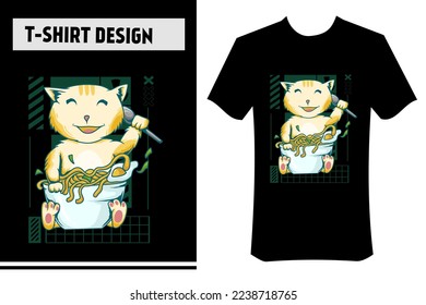 cute cat illustration for t-shirt. cat is eating japanese ramen, with street wear concept background. vector illustration. cool for clothing designs, t-shirts, hoodies, stickers, posters