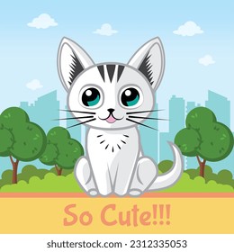 cute cat illustration vector with town background