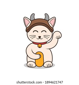 Cute cat illustration wearing ox hat. Neko cat cartoon character drawing. Flat design vector