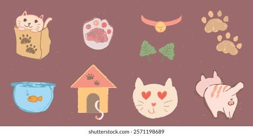 Cute cat illustrations featuring paws, a cat in a box, a fishbowl, a cat house, and playful cat faces. Adorable cat-themed elements for pet lovers. Cute pet illustrations vector set.