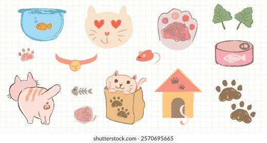 Cute cat illustrations with fish, cat food, and paw prints. Adorable cat faces, and cat accessories. Cute pet illustrations vector set.