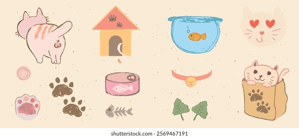 Cute cat illustrations with fish, paw prints, and cat house. Adorable cat faces, fishbowl, and cat food.