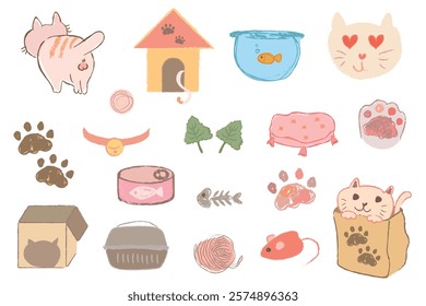 Cute cat illustrations with paws, fish, and yarn. Cats in boxes, cat house, and playful cat items. Adorable cat faces and cat-themed designs. Cute pet illustrations vector set.