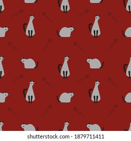 Cute cat ilustration seamless pattern with red bacground.Great for kid textile,fabric,wrapping paper,crapbooking.