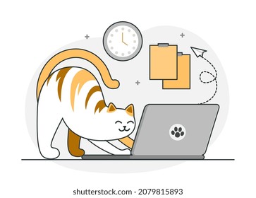 Cute Cat image. Kitten stretching near laptop. Little prankster, personage interferes with owners work. Pictures with animals. Comfort, apartment, home, cosiness. Cartoon flat vector illustration