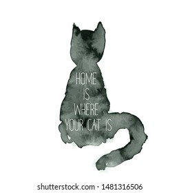 Cute cat. Ink design "Home is where your cat is"