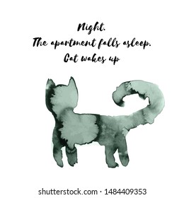 Cute cat. Ink design "Night. The apartment falls asleep. Cat wakes up"