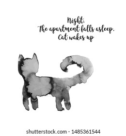Cute cat. Ink design "Night. The apartment falls asleep. Cat wakes up"