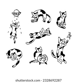 Cute cat ink doodle set, funny vector illustration. Hand drawn sketch style.