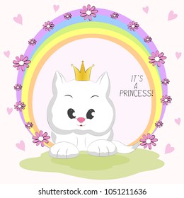 Cute  cat and inscription Its a Princess. Hand drawn Valentines Day Greeting card with charming kitty  on colored background. Vector illustration.