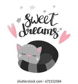 cute cat   inscription Sweet dreams    vector illustration