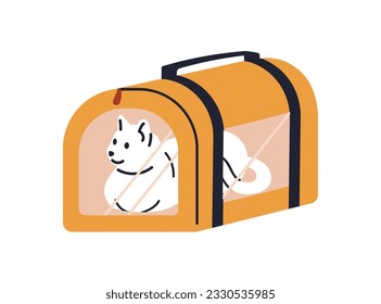 Cute cat inside bag, travel case. Feline animal lying in closed luggage. Baggage with handle for carrying kitty pet, transporting, moving. Flat vector illustration isolated on white background