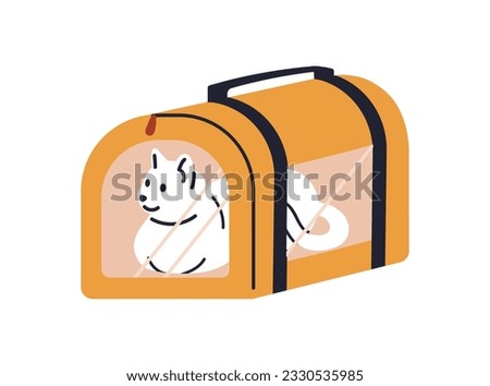 Cute cat inside bag, travel case. Feline animal lying in closed luggage. Baggage with handle for carrying kitty pet, transporting, moving. Flat vector illustration isolated on white background