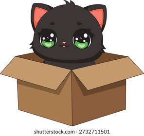 Cute Cat Inside The Box Black Pet Kitten With Green Eyes Cartoon Doodle Vector